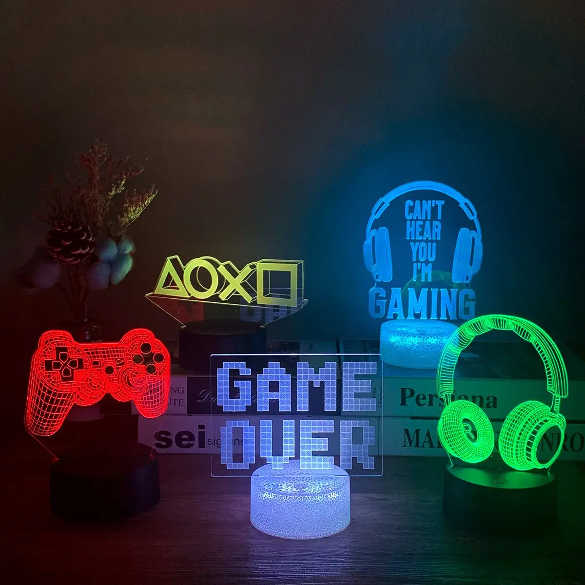 โคมไฟตั้งสำหรับเล่นเกม RGB โคมไฟตกแต่งห้องเล่นเกมไฟกลางคืนใช้พลังงานจาก USB โคมไฟตั้งโต๊ะฐานวางโคมไฟ LED 3D
