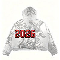 Sweat à capuche zippé court pour homme, style streetwear personnalisé, 420 GSM, blanc délavé, Y2K, avec imprimé motif religieux intégral en strass et chenille