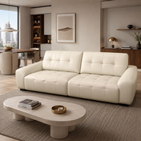 Luxuriöses Mid-Century Sofa aus Cremefarbenem Leder für 2-3 Personen, Modernes Gepolstertes Wohnzimmer-Sofa mit Knopfheftung