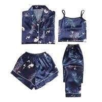 Set Piyama Sutra Satin Wanita 4Pcs Kancing Depan Set Piyama Lengan Pendek Baju Tidur Loungewear Pjs Baju Malam S-XXXL
