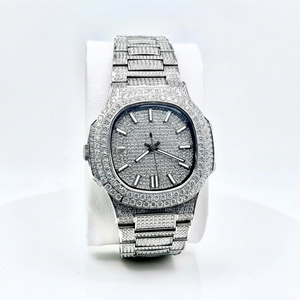 Premium Quality Stainless Steel Silver Luxury Analog <b>Watch</b> Glass Moissanite Diamond Inlay Mechanical Auto Movement Stylish - Product Image 1