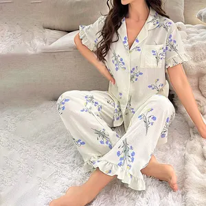 Print Pyjamas 2 Piece Loungewear Set Button Up Woman Design Pajama Wholesale Womens Flower Pajamas Sets