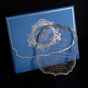Invitación de caja de tapa dura arabesca personalizada de lujo con sobre de papel azul marino acrílico transparente de lámina dorada - Product Image 5
