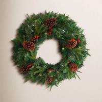 KagaJo Karangan Bunga Natal Pinus Buatan 24 Inci dengan Lampu LED Desain Modern Cabang Evergreen Realistis untuk Dekorasi