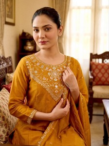 Ensemble de costume brodé en soie Vichitra de qualité supérieure avec Kurti, pantalon assorti et dupatta de 2,2 mètres pour occasions festives, en vente - Product Image 6