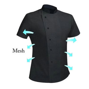 Nouvelle veste <span class=keywords><strong>de</strong></span> chef en maille sergé respirante à 360° pour hommes et femmes, manches courtes, hauts <span class=keywords><strong>de</strong></span> travail frais, service alimentaire, noir et blanc, <span class=keywords><strong>tenue</strong></span> <span class=keywords><strong>de</strong></span> <span class=keywords><strong>cuisine</strong></span> - Product Image 5