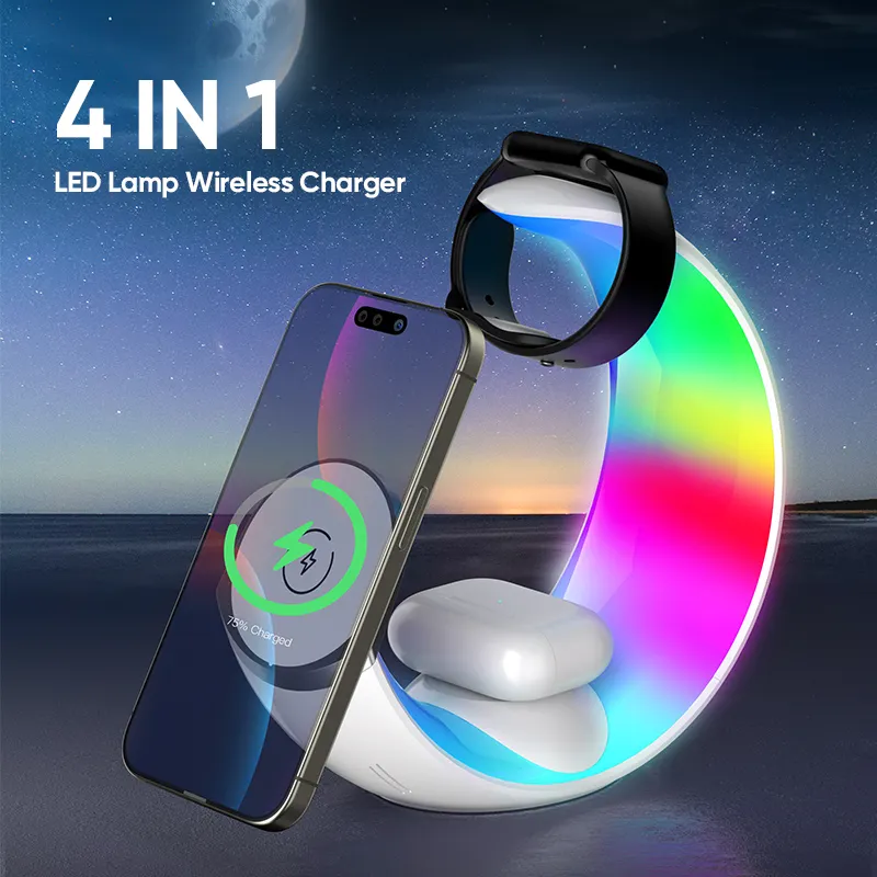 2024 New Charging Pad Holder 4in1 Magnetic Wireless Charger Phones Stand for Phones watches LED Light Wireless Charger