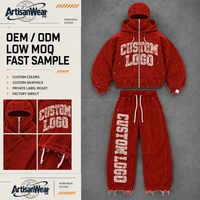 Ensemble sweat à capuche zippé rouge et pantalon de survêtement large pour homme, avec ourlet effiloché et imprimé lettres, style streetwear, OEM ODM