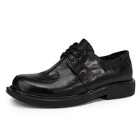 Chaussures en cuir décontractées pour hommes, mode été-automne, respirantes, antidérapantes, bout rond, plates, tendance, à lacets, noires unies