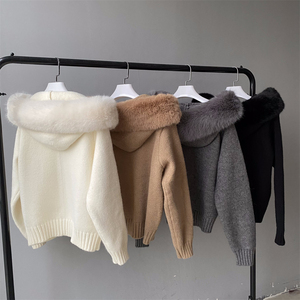 Cappotto da donna magro invernale in maglia corta in lana con maniche a sbuffo <span class=keywords><strong>caldo</strong></span> giacca con collo di pelliccia artificiale <span class=keywords><strong>Cardigan</strong></span> maglione da donna - Product Image 6