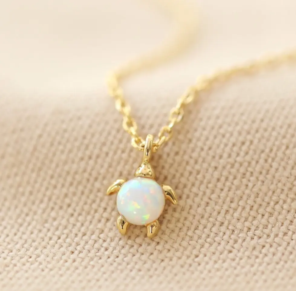 Inspire Jewelry Stainless Steel Personalised Opal Turtle Charm Necklace in Gold Plated charm pendant for women and girls gift