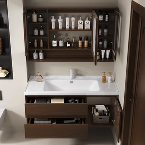 Meuble de salle de bain de style chinois moderne avec lavabo en céramique ardoise, vasque de lavage des mains et armoire miroir intelligente - Product Image 2