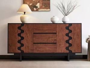 Premium Wavy Inlay Wooden Sideboard 2-Door 3-<b>Drawer</b> Large <b>Storage</b> Mid Century Modern Credenza <b>For</b> Living Room Dining Room - Product Image 2
