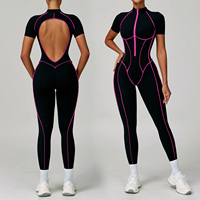 Combinaisons de yoga sans dos à manches courtes de qualité supérieure, couleur contrastante, dos évidé, demi-zip, séchage rapide, respirantes, extensibles dans quatre directions