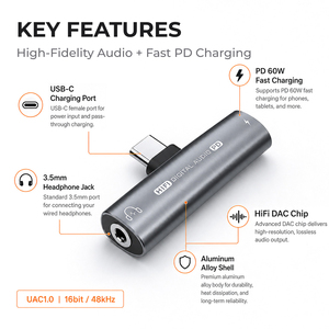 Nouvel <span class=keywords><strong>adaptateur</strong></span> répartiteur USB-C Plug & Play pour usine, avec prise casque 3,5 mm et charge rapide Type-C PD 60W, puce AB136, en alliage d'aluminium, vente en gros - Product Image 3