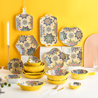 Ensemble de bols à riz en céramique bohème créatif, assiettes à soupe et nouilles vintage irrégulières à double anse, vaisselle jaune pour la maison et la cuisine