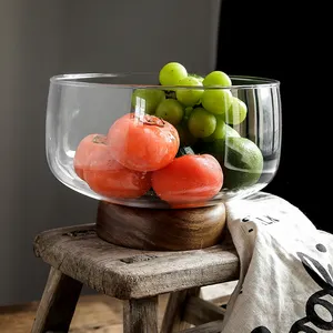 大容量透明玻璃水果盘创意高脚零食糖果坚果碗，带相思木底座家庭餐厅餐桌装饰