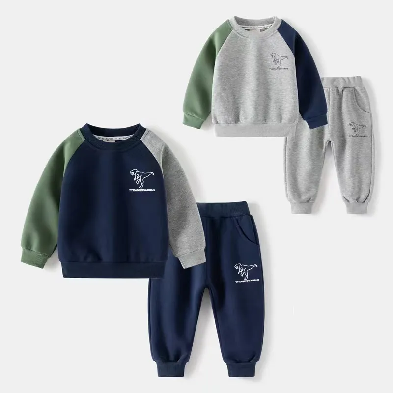 Jongens Pak Groothandel 2023 Nieuwe Kinderen Dinosaurus Print Contrast Lange Mouw Baby Sport 2-delige Set