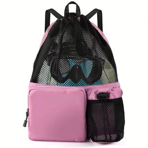 Custom Logo Mesh <b>Drawstring</b> <b>Backpack</b> with Wet Pocket Polyester Lining Waterproof Feature for Gym Yoga Beach Travel - Product Image 4