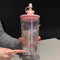 Gelas Tumbler Kaca Borosilikat Tinggi Dekoratif dengan Tutup Berbentuk Bunga, Desain Tanaman Transparan, 450ml, Modern, Dapat Digunakan Kembali, Ramah Lingkungan