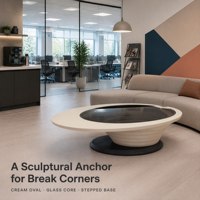 Table basse asymétrique sculpturale pour salon, corps laqué crème, insert ovale en verre fumé, piétement à niveaux, base anthracite