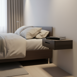 Table de chevet flottante moderne en bois brun foncé, murale avec tiroir, meuble de chambre à coucher - Product Image 2