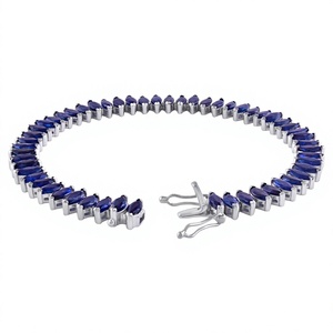 Natural Blue <b>Sapphire</b> Classic Rhodium Plated <b>Bracelet</b> in 925 Sterling Silver Haf Bezel Setting for Women Wedding Gift Jewelry - Product Image 1