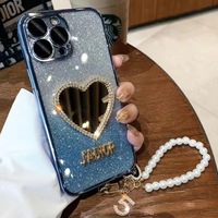 Luxe dégradé paillettes brillant amour miroir personnalisé placage TPU coque de téléphone chaîne perles couverture pour iPhone 16 15 14 13 Pro Max Plus