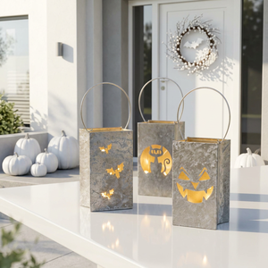 Décorations d'Halloween 2026 : Lanternes porte-bougies en métal en forme de sac avec découpes variées - Product Image 1