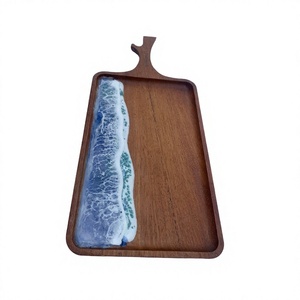Plateau de service rectangulaire en bois époxy chaud, couleur foncée, avec poignée vague océanique en époxy, écologique, non toxique, fabriqué au Vietnam - Product Image 1