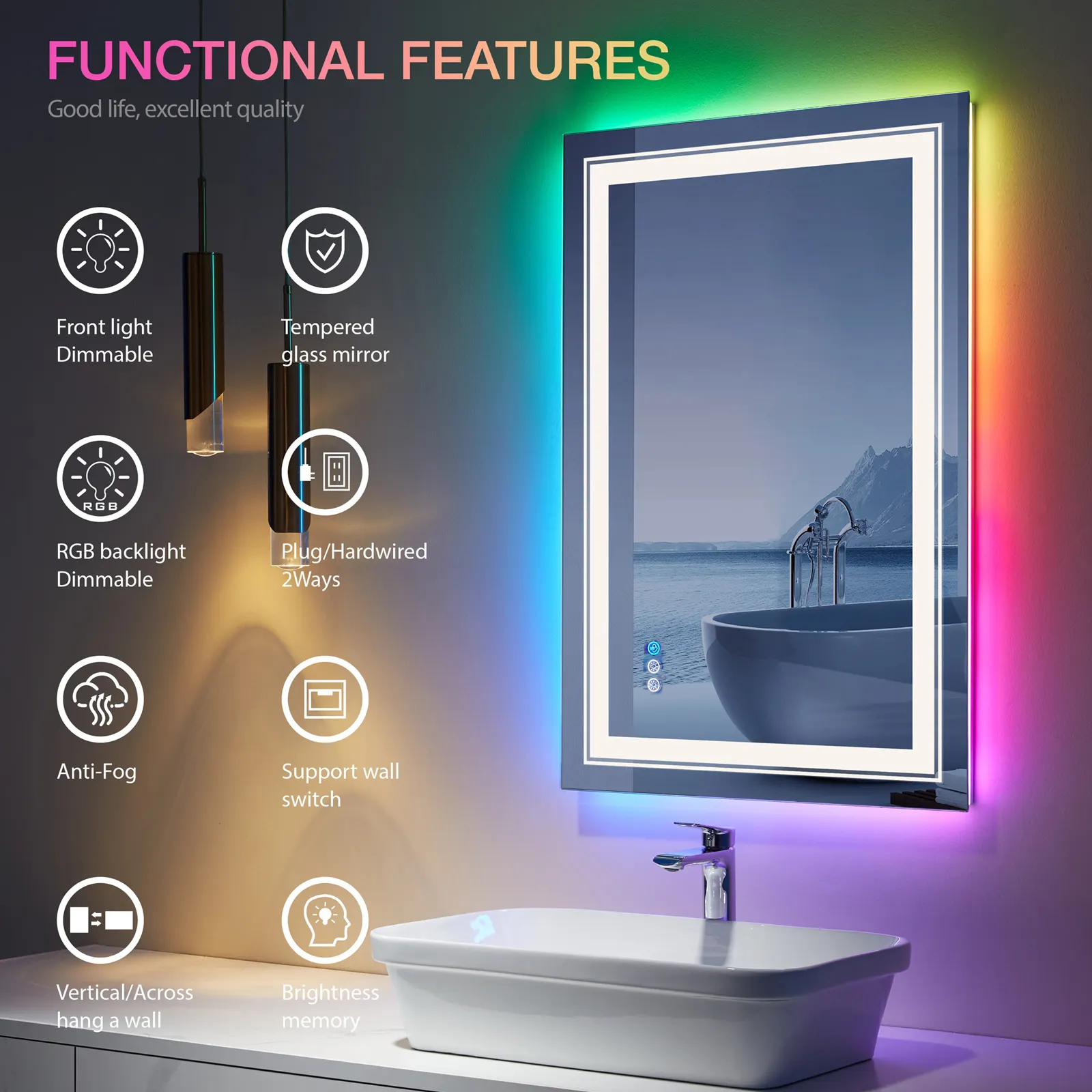 Custom Led Smart Touch Screen Vanity Wall Make Up Mirror SquareTempered Glass Bathroom Mirror RGB Light