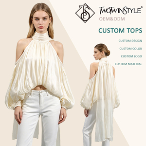 Elegante abrikooskleurige halter crop top met koude schouder, pofmouwen, gerimpeld satijn, geschikt voor avond, cocktail, date, blouse, groothandel - Product Image 1