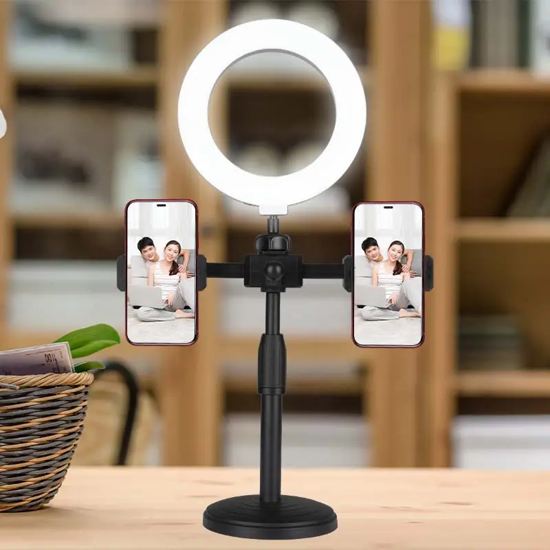 Amazon çift cep telefonu klip canlı yayın masaüstü cep telefon tutucu ile ek ışık entegre mobil telefon tutucu