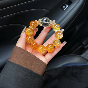 Bracciale con perle rotonde di citrino giallo portafortuna da 14 mm, di grandi dimensioni, per attirare la ricchezza, confezionato singolarmente, stile Homebody. - Product Image 1
