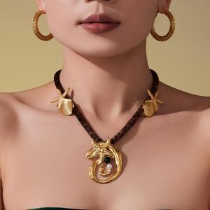 QISEN <strong>Boho</strong> Leopard Scarf <strong>Necklace</strong> with Starfish Seashell Charms Stainless Steel Statement Pendant <strong>Necklace</strong> Jewelry for Women - Product Image 1