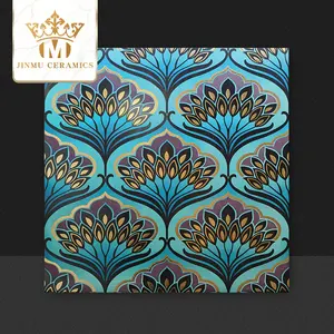 Luxury peacock circular pattern matte blue golden wall ceramic tiles for villa hotel bathroom floor porcelain gold plated tiles