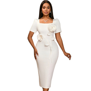 Vestidos <span class=keywords><strong>de</strong></span> Dama <span class=keywords><strong>de</strong></span> Honor Midi Ajustados Blancos Sexys con Cuello Cuadrado y Manga Corta para Club, con Gran Flor para Chicas - Product Image 1