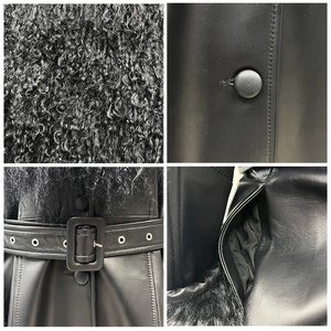 Trench lunghi in vera pelle <span class=keywords><strong>di</strong></span> pecora nera <span class=keywords><strong>di</strong></span> alta qualità donna <span class=keywords><strong>con</strong></span> polsini in vera <span class=keywords><strong>pelliccia</strong></span> mongoliana - Product Image 4