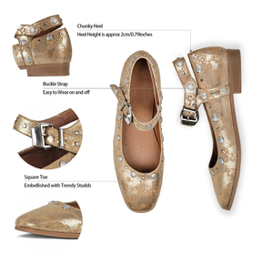 <span class=keywords><strong>Ballerine</strong></span> con <span class=keywords><strong>Punta</strong></span> Quadrata, Cinturino a T, Fibbia Borchiata, Tacco Basso Chunky, Comode Scarpe Eleganti Mary Jane - Product Image 2