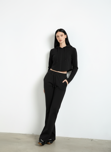 Pantaloni Casual Neri da Donna di Alta Qualità, a Zampa, Traspiranti, a Vita Media, in Tessuto Morbido Terry, Pantaloni Sportivi in Cotone - Product Image 3