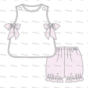 Set di <span class=keywords><strong>Abbigliamento</strong></span> Estivo per Bambine in Seersucker, Vestiti per Bambine con Fiocco, Top e Pantaloncini a Campana - Product Image 4