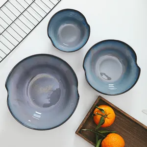Mangkuk Ramen Sup Nasi Keramik Kustom Murah Bentuk Tidak Beraturan Biru Glasir Reaktif Gaya Jepang