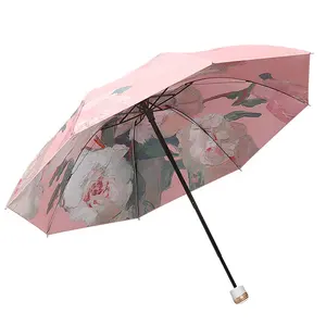 Double-sided flower 3 Folding reverse UV Umbrella with Portable handbag for promotion ,compact umbrella