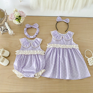 Ensemble assorti <span class=keywords><strong>pour</strong></span> sœurs : Combinaison sans manches et robe à pois violets <span class=keywords><strong>pour</strong></span> bébés et petites filles – Idéal <span class=keywords><strong>pour</strong></span> le quotidien et les séances <span class=keywords><strong>photo</strong></span> de vacances - Product Image 4