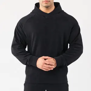 Structured Font And Back Panels Slip Pockets Embroidery Patchwork Hoodie Raglan Sleeve Black Hoodie 100% Cotton