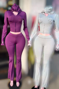 أزياء Peeqi ، بدلة رياضية جديدة للنساء بلون سادة ، هودر مثير بطباعة حروف ، طقم بنطلون من قطعتين بأكمام طويلة - Product Image 5