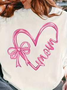 T-Shirt Vintage da Donna con Stampa Floreale e Fiocco a Cuore, Manica Corta, Collo Tondo, Tessuto Elasticizzato, Regalo per la Festa della Mamma, Abbigliamento Casual per Tutte le Stagioni - Product Image 3