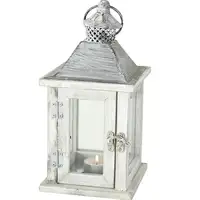 Lanterne en bois blanc avec toit en métal sombre, vintage, 10 ", fausses bougies