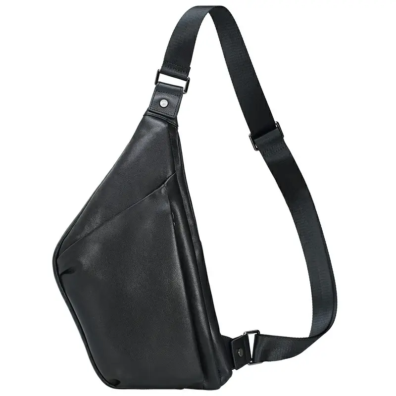 Dropshipping Men Women Soft Black Business Genuine Cow Leather Sling Shoulder Crossbody Bag Full Grain Leather Chest Bag