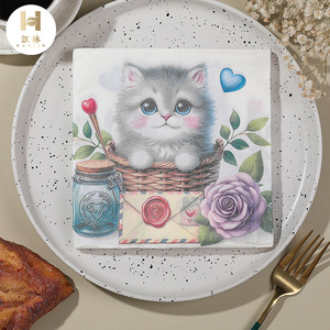 Printed Paper Napkins With Cute Cat Design 330cmx330cm For Valentine'S Day Parties Hotels Restaurants - Product Image 1